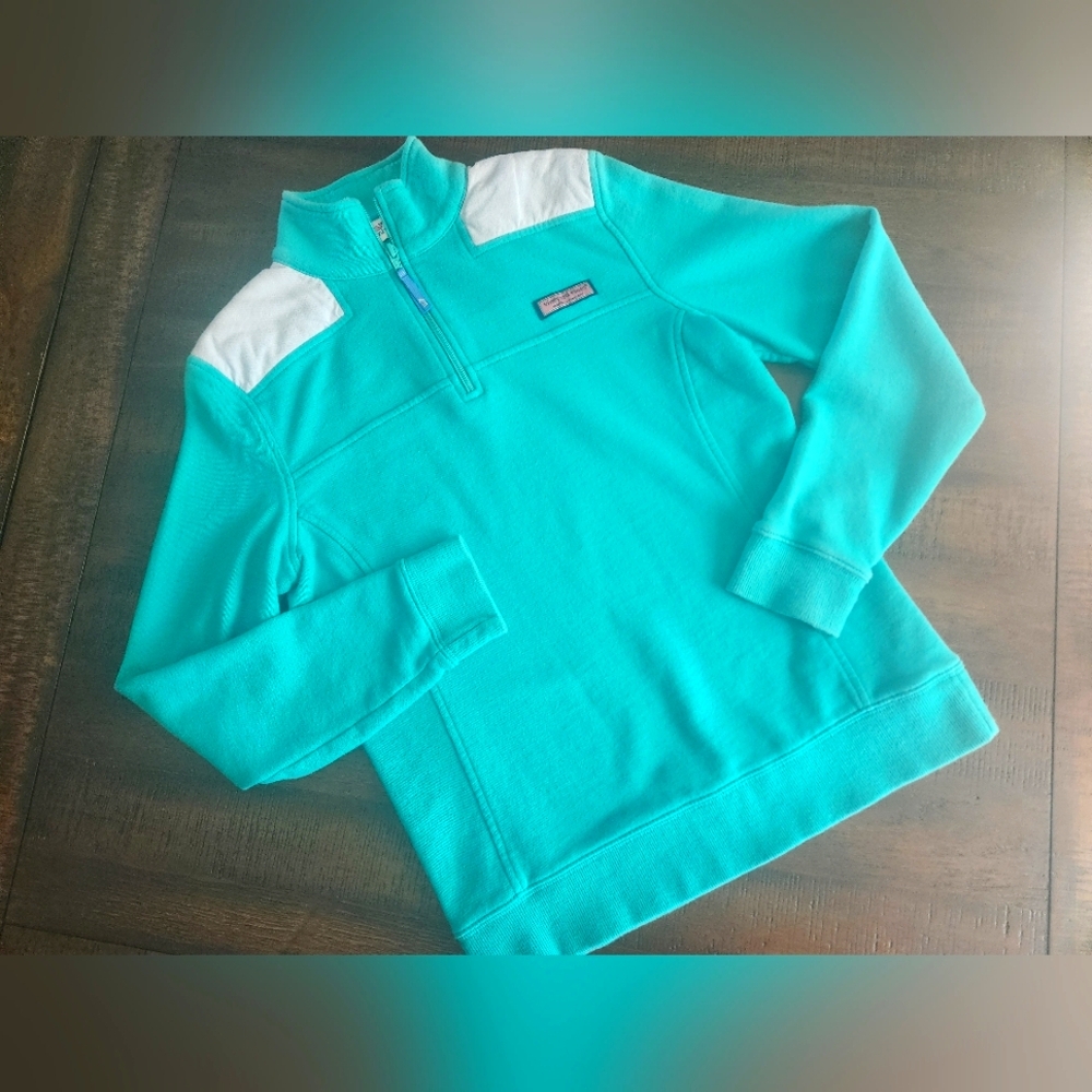 Vineyard Vines Teal and White Quarter-Zip Pullover XS